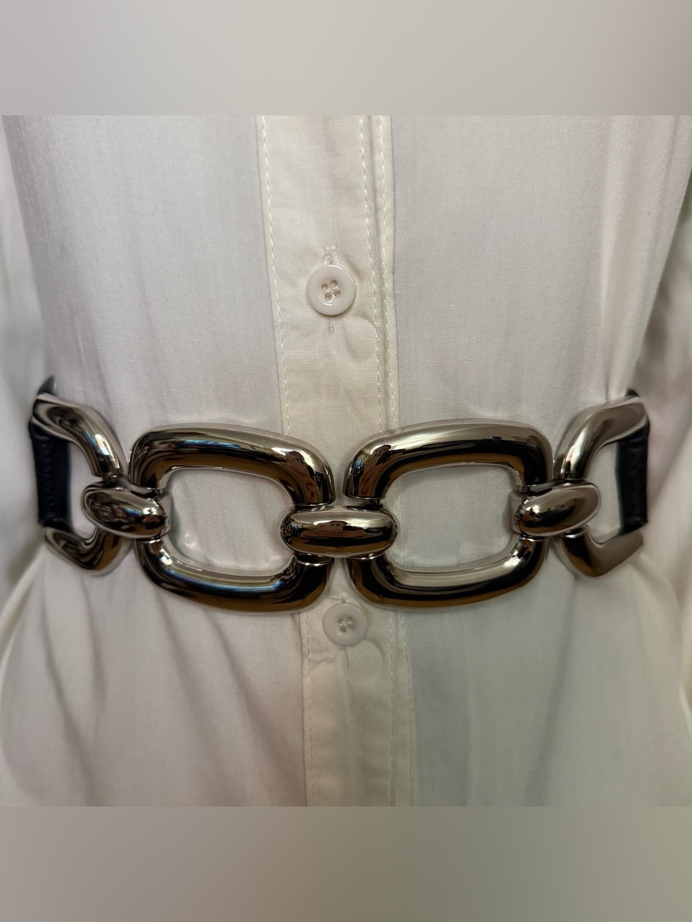 Black PU leather elastic waistband belt with silver tone link buckle